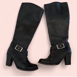 Frye Black Heeled Leather Boots with Buckle